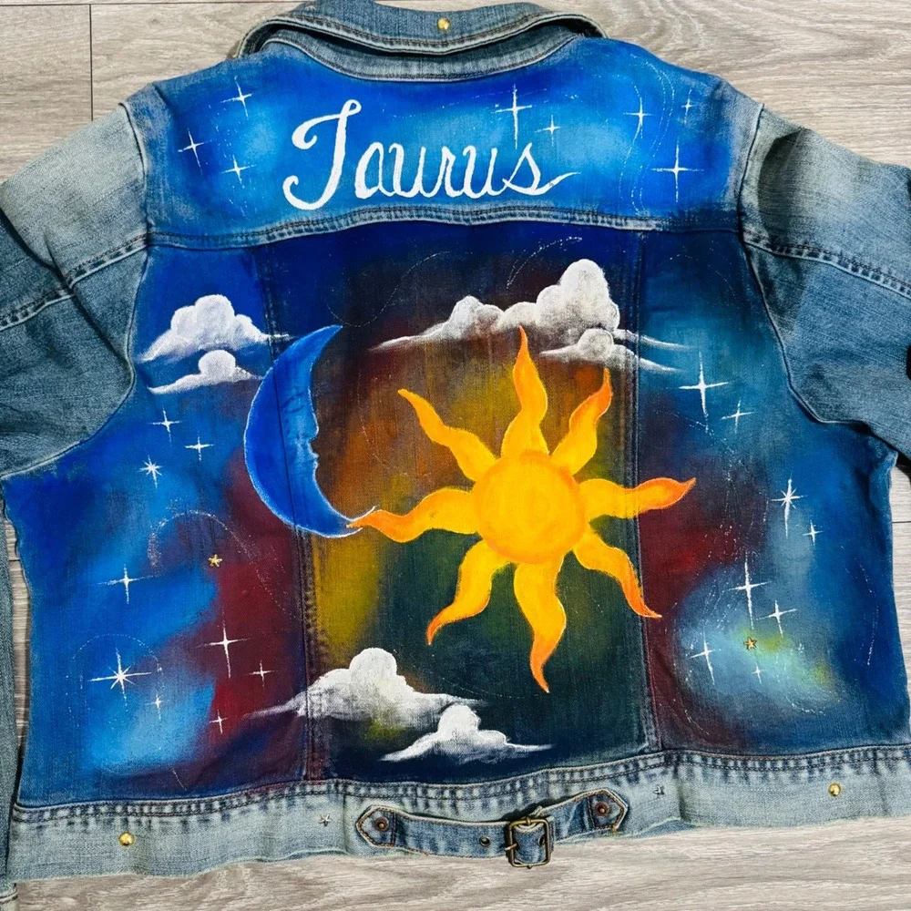 Upcycled Venezia Denim Jacket Hand Painted Taurus‎ Sun Moon Celestial Art 18-20